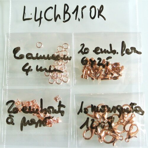 Lot de 4 apprêts (l4chb1,5or) pour chaîne à billes 1,5 mm or rose, anneaux, embouts divers, fermoirs