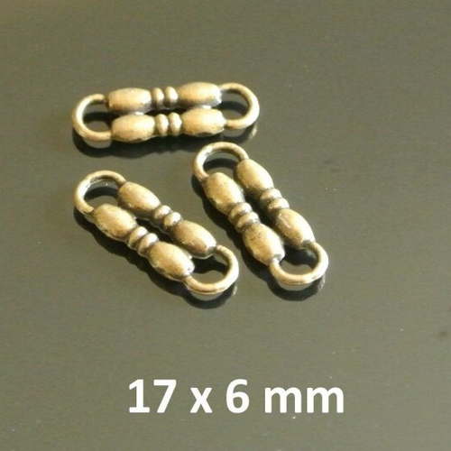 20 connecteurs métal bronze, 17 x 6 mm, motif deux quilles reliées, trous : 3 x 3 mm environ 