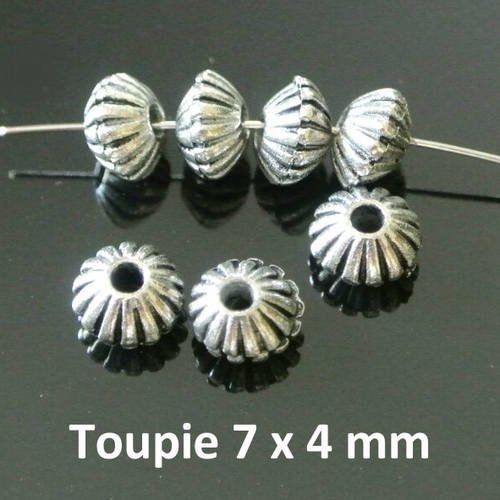 Lot de 20 perles intercalaires ton argent antique toupie avec stries, 7 x 4 mm, trou 1,2 mm