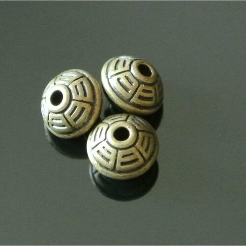 Lot de 5 perles intercalaires métal bronze forme toupie et rainures, 10 x 8 mm, trou 2 mm environ