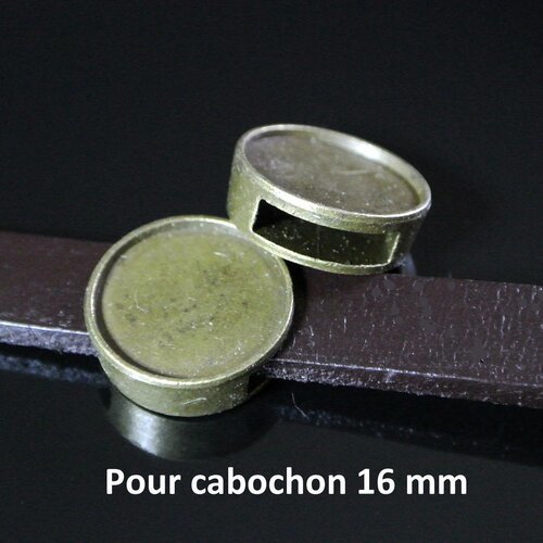 2 perles passantes métal bronze forme palet pour cabochon rond 16 mm, 18 x 6 mm, pour cordon plat de 10 x 3 mm