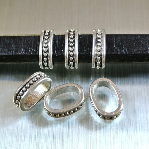 Lot de dix perles passant ovales pour cordon cuir épais  de bracelet, motif points, métal argenté vieilli, 
