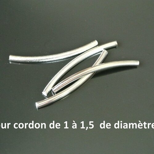 20 perles tubes courbes argentées, 30 x 2 mm, pour cordon rond 1,5mm, trou pour cordon : 1,7 mm