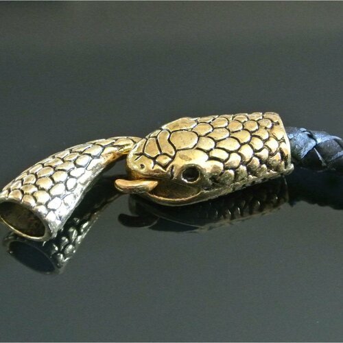 Un kit embouts fermoir tête et queue de serpent, longueur fermoir fermé 40 x 12 mm, en métal doré antique, trou : 7 mm pour