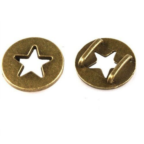 Lot de 10 perles passantes bronze pour cordon fin 5 x 2mm, forme ronde avec étoile évidée, 15 x 4 mm, passage 