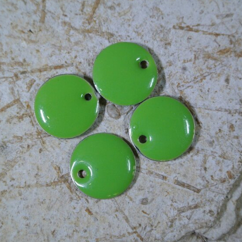 Lot de 4 sequins vert ronds 12 mm émail époxy 2 faces, trou : 1 mm environ 