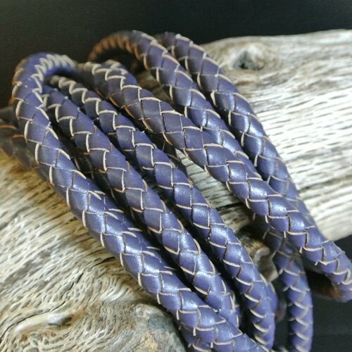 Vingt centimètres de cordon de cuir tressé violet-bleu 5,5 mm de diamètre, cuir en première couche sur synthétique