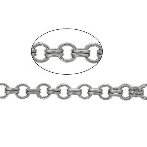 Cinquante centimètres de chaîne acier 304 double anneaux rolo 4 mm, couleur argent platine