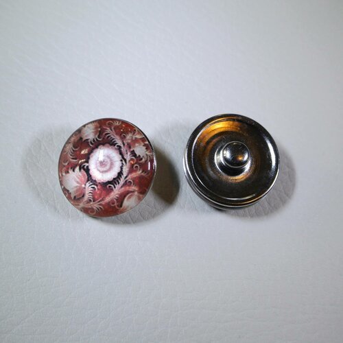 2 boutons pression snap aluminium, verre et décor végétal tons blanc et rouge-brun, diamètre 18 mm
