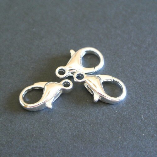 Lot de 10 fermoirs mousquetons argentés, 14 x 8 x 4 mm, en métal couleur argent clair 