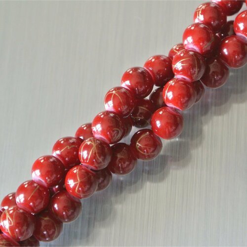 Lot de 20 perles 6 mm en verre teinté rouge sombre et filets dorés, rondes et lisses