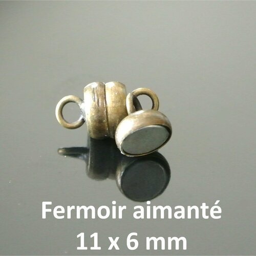 Fermoir magnétique métal bronze, aimant puissant, forme cloche, 2 anneaux d'accroche 2 mm, 11 x 6 mm, métal couleur bronze