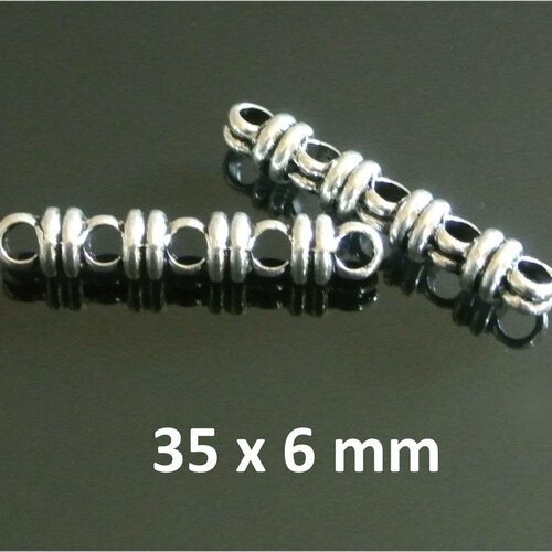 Lot de 4 perles métal argenté quintuple passants effets double rondelles, 35 x 6 mm, trou  3,5 mm