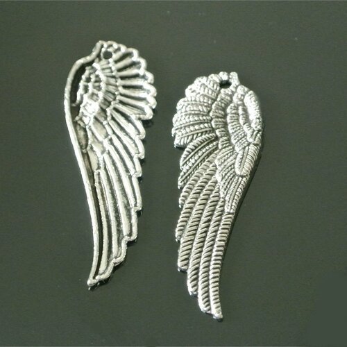 2 breloques en forme de jolies ailes d'ange en métal ton argent antique, 51 x 17 x 3 m, trou 2 mm