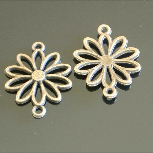 Dix connecteurs couleur bronze forme fleur marguerite, 25 x 19 x 1 mm, et deux anneaux d'accroche de 1,8 mm environ