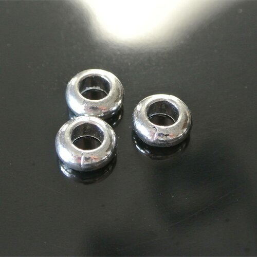 Lot de 10 perles rondelles argentées (l), 10 x 10 x 4 mm, trou 5,1 mm pour cordon rond jusqu'à 5 mm