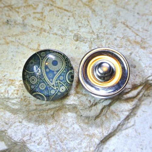 2 boutons pression snap aluminium embellisseur de bracelet, verre et décor ramage bleu turquoise