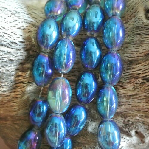 Lot de 4 perles ovales bleues irisées, 15 x 10 mm, trou : 1 mm environ