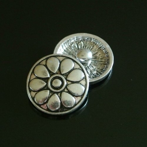 2 boutons pression snap chunk, décor argent vieilli motifs marguerite, diamètre 20 mm