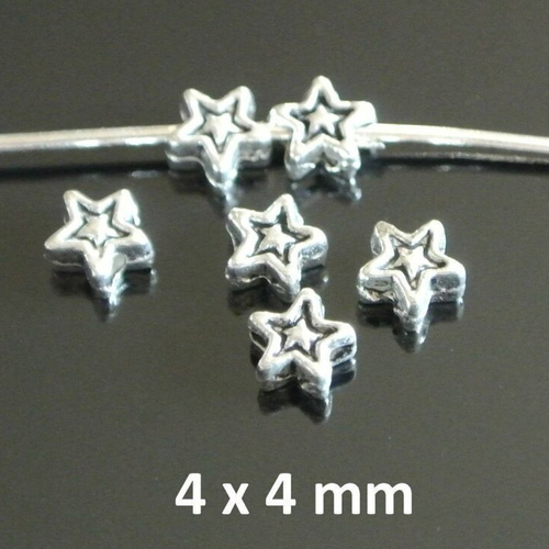 Lot de 40 minuscules perles intercalaires argentées forme étoile strie noire, 4 x 4 mm, épaisseur 2 mm, trou 1 mm