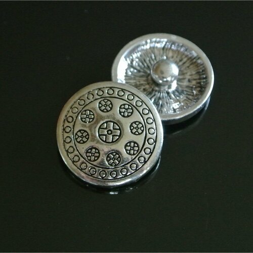 2 boutons pression snap chunk, décor argent vieilli motifs géométriques et croix, diamètre 20 mm