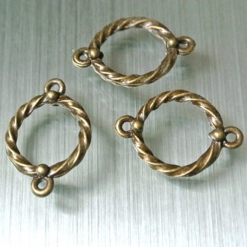 10 connecteurs anneaux torsadés bronze, 22 x 15 x 4 mm, 2 trous 1,8 mm, trou intérieur 11 mm
