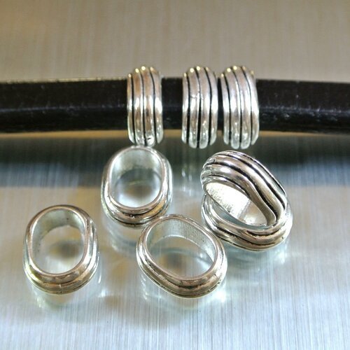 5 perles passant ovales 15 x 12 mm pour cordon cuir épais, motif striures, métal argenté