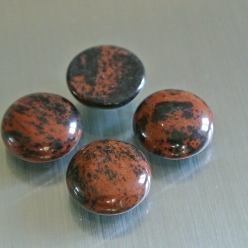Un cabochon rond 16 mm de diamètre en pierre fine, obsidienne acajou, noir et roux, vendu à l'unité