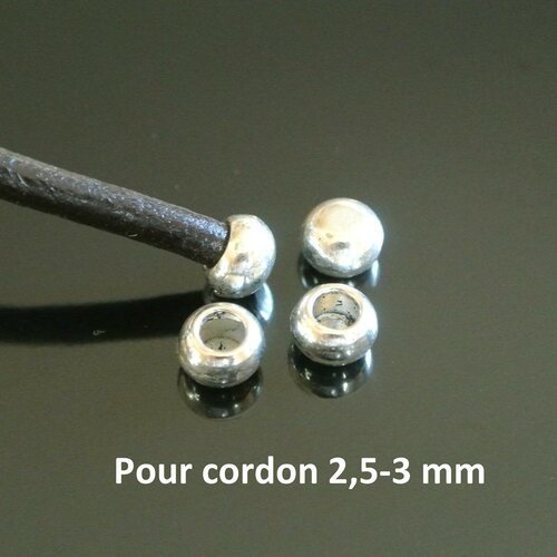 10 embouts de finition argentés, 6 x 4 mm, pour cordon rond à coller de 2,5 voire 3 mm, trou 3 mm