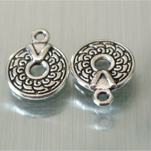10 petites breloques pendentifs ronds à motifs, trou central, 15 x 11 mm, anneau d'accroche, métal couleur argent antique