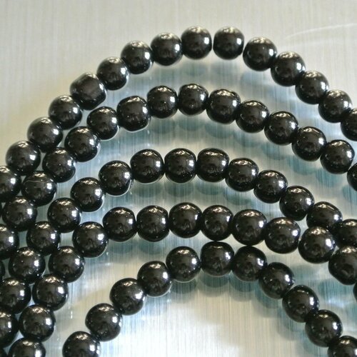 Lot de 40 petites perles de verre noir, rondes et lisses, 6 mm de diamètre, trou 1 mm