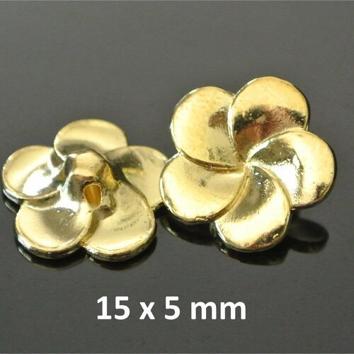 Paire de boutons en forme de fleurs à 5 pétales, 15 x 5 mm, métal doré, trou d'accroche 1 mm environ