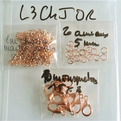 Lot de 3 apprêts (l3chjor) métal or rose, anneaux, chaîne jaseron, fermoirs mousquetons