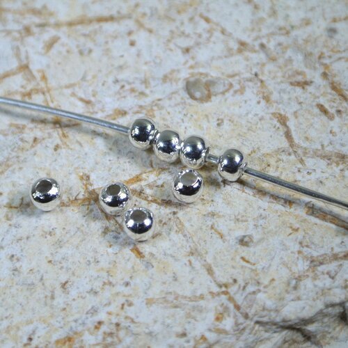 Lot de 100 perles intercalaires 3 mm, rondes et lisses, métal argent clair