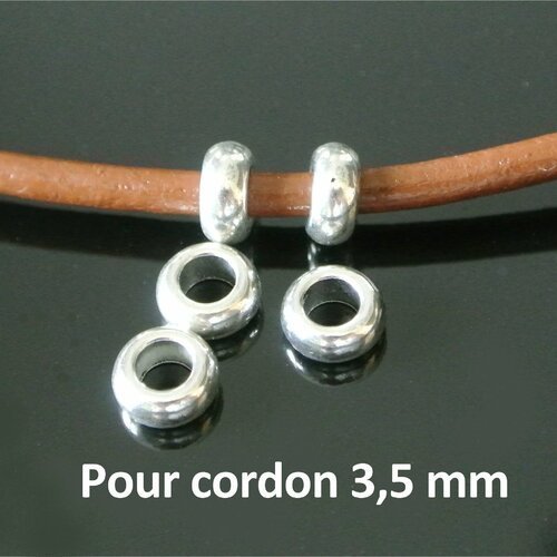 20 perles rondelles (j) métal argenté lisse, 8 x 8 x 4 mm, trou 3,8 mm pour cordon rond 3-3,5 mm