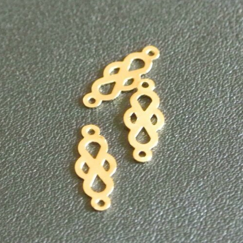  50 petits connecteurs en cuivre doré en forme de boucles, 13 x 5 mm, faible épaisseur, deux trous d'accroche 0,9 mm