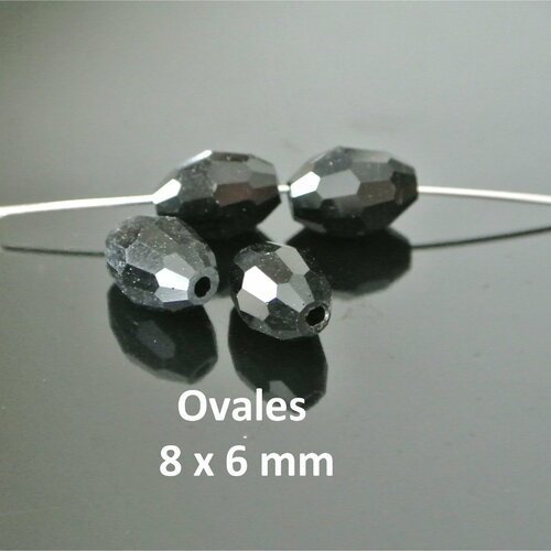 10 petites perles ovales, 8 x 6 mm, olives, grain de riz, en verre à facettes noir, trou 1 mm environ