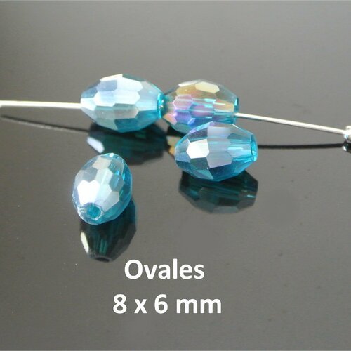 10 petites perles ovales, 8 x 6 mm, olives, grain de riz, en verre à facettes bleu peacock irisé
