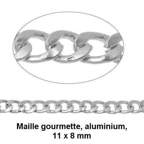 Vingt centimètres de chaîne aluminium, maille gourmette, maillon ouvert, 11 x 8 mm couleur argent clair 