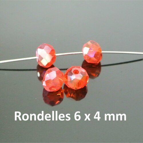 10 petites perles rondelles, 6 x 4 mm, en verre à facettes rouge orange irisé