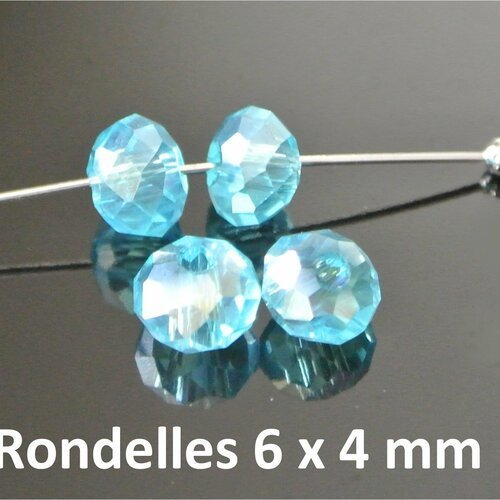 10 petites perles rondelles, 6 x 4 mm, en verre à facettes bleu lac irisé