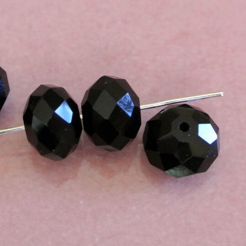 10 perles, 12 x 8,5 mm, verre noir à facettes, forme rondelle, trou : 1 mm environ 