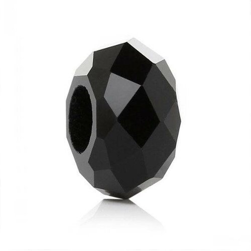 Deux perles rondelles en verre à facettes noir opaque, gros trou : 5,8 mm