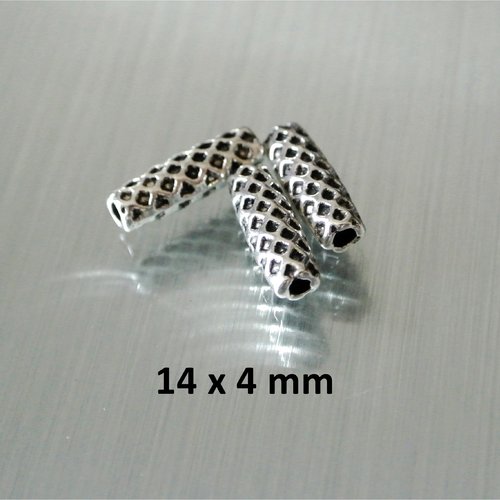 5 perles tubes motif résille losanges 14 x 4 mm, métal ton argent, trou 1,5 mm