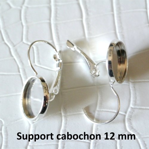 Paire de boucles d'oreilles dormeuses supports cabochons ronds 12 mm en métal argent clair