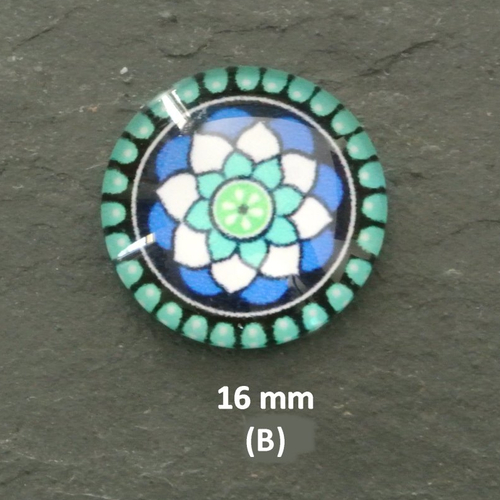 2 cabochons ronds 16 mm (b), dôme bombé 5 mm en verre sur impression papier à coller sur un support,  tons vert, bleu, blanc