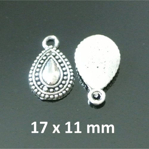 10 petites breloques en métal argenté en forme de goutte larme, 17 x 11 mm, pourtour à double rangée de points