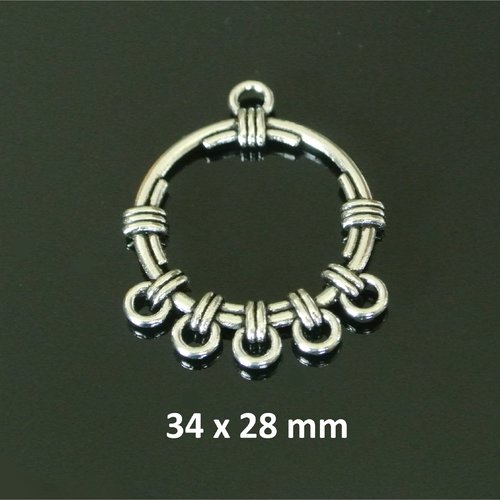 4 pendants d'oreilles bohème, 34 x 28 mm, métal argent vieilli, forme créole avec 5 anneaux d'accroche