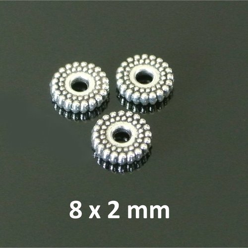 10 perles intercalaires métal argenté forme roue crénelée, 8 x 2 mm, trou 2 mm environ