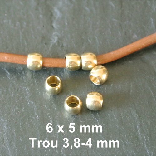 20 perles passantes intercalaires dorées et lisses forme tonneau 6 x 5 mm, trou 3,8-4 mm pour cordon 3,5 mm 